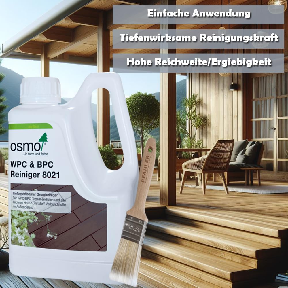 OSMO WPC & BPC Reiniger 1L 8021 Inkl. Gratis PFAHLER-Pinsel. Tiefenwirksamer Grundreiniger für WPC/BPC Terrassendielen und alle anderen Holz-Kunststoff-Verbundstoffe