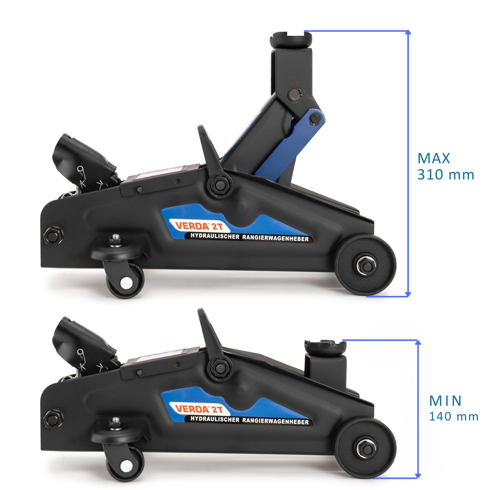Cric hydraulique 2T, 140–310 mm, avec Patin en Caoutchouc Extra Plat, pour SUV et Jeep, cric rouleur avec Mallette de Transport pour véhicules Tout-Terrain, incluant des Gants