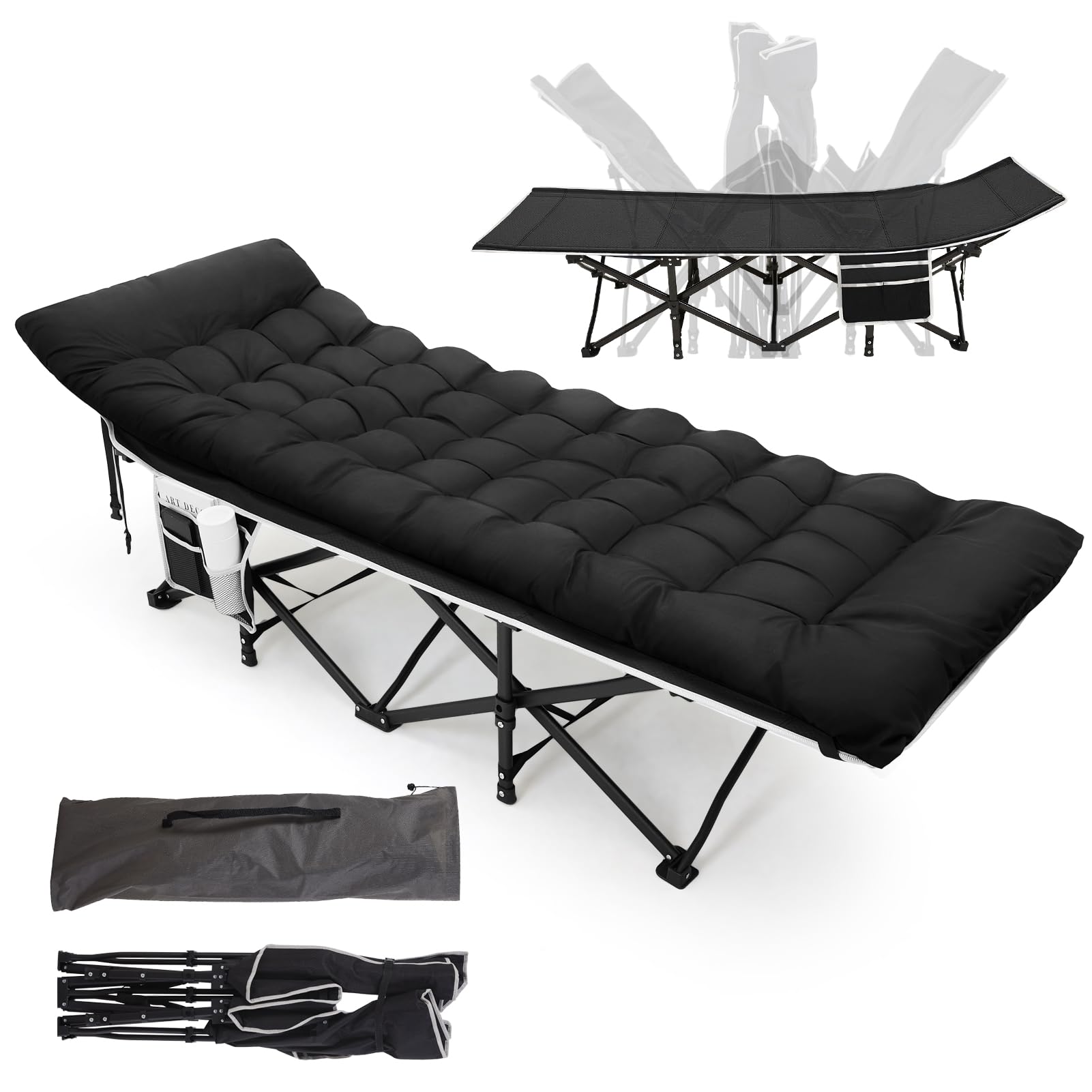 Warmiehomy Campingbett klappbar mit Matte für Erwachsene, Belastbarkeit bis 600 lb für Robustes, Topper 2400D Oxfordgewebe Faltbar Feldbettauflage für Camping Garten Innen Outdoor, Schwarz
