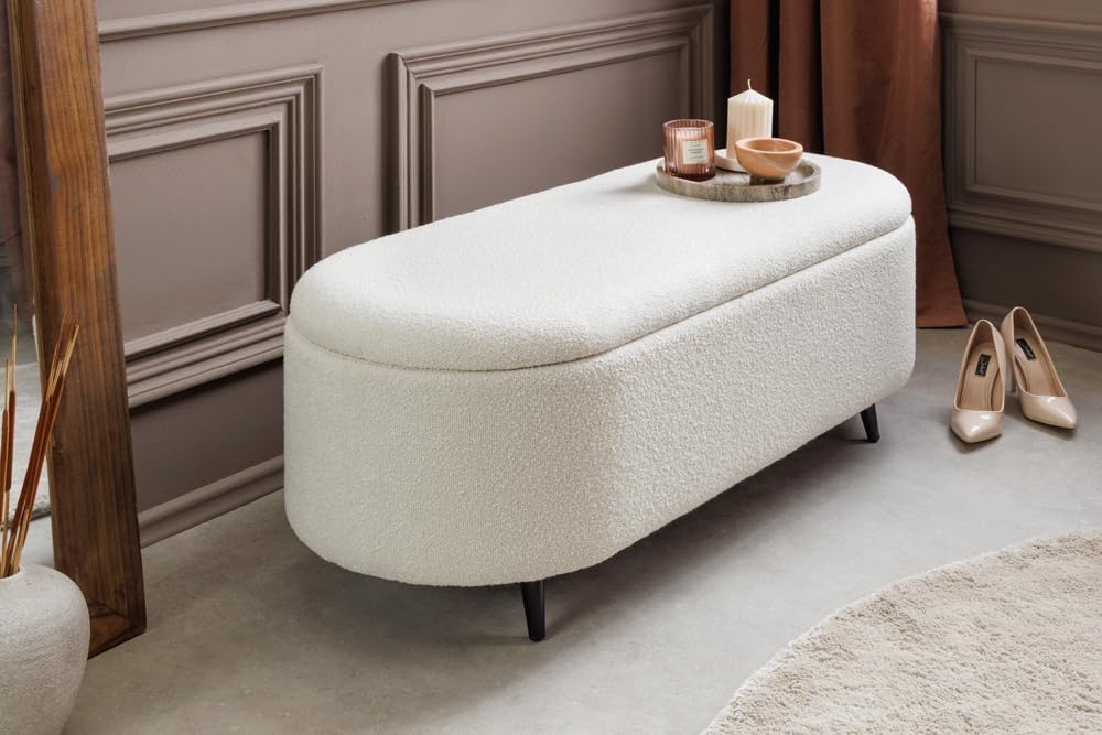 Riess Ambiente Scandinavische Polsterbank Vogue 110cm - weiß - Bouclé schwarz Sitzbank mit Stauraum modern Flur Schlafzimmer
