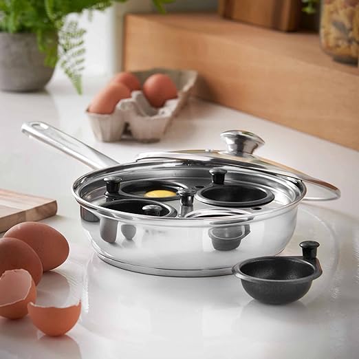 20cm Stainless Steel Egg Poacher Pan and Lid NonStick 4 Egg Poaching