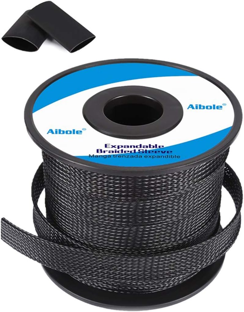 AibolePET Braided Cable Sleeve 100ft - 1/2 Inch Cable Management Sleeve Cables Organizer for Wrap and Protect Cables - Black Wire Loom Tubing
