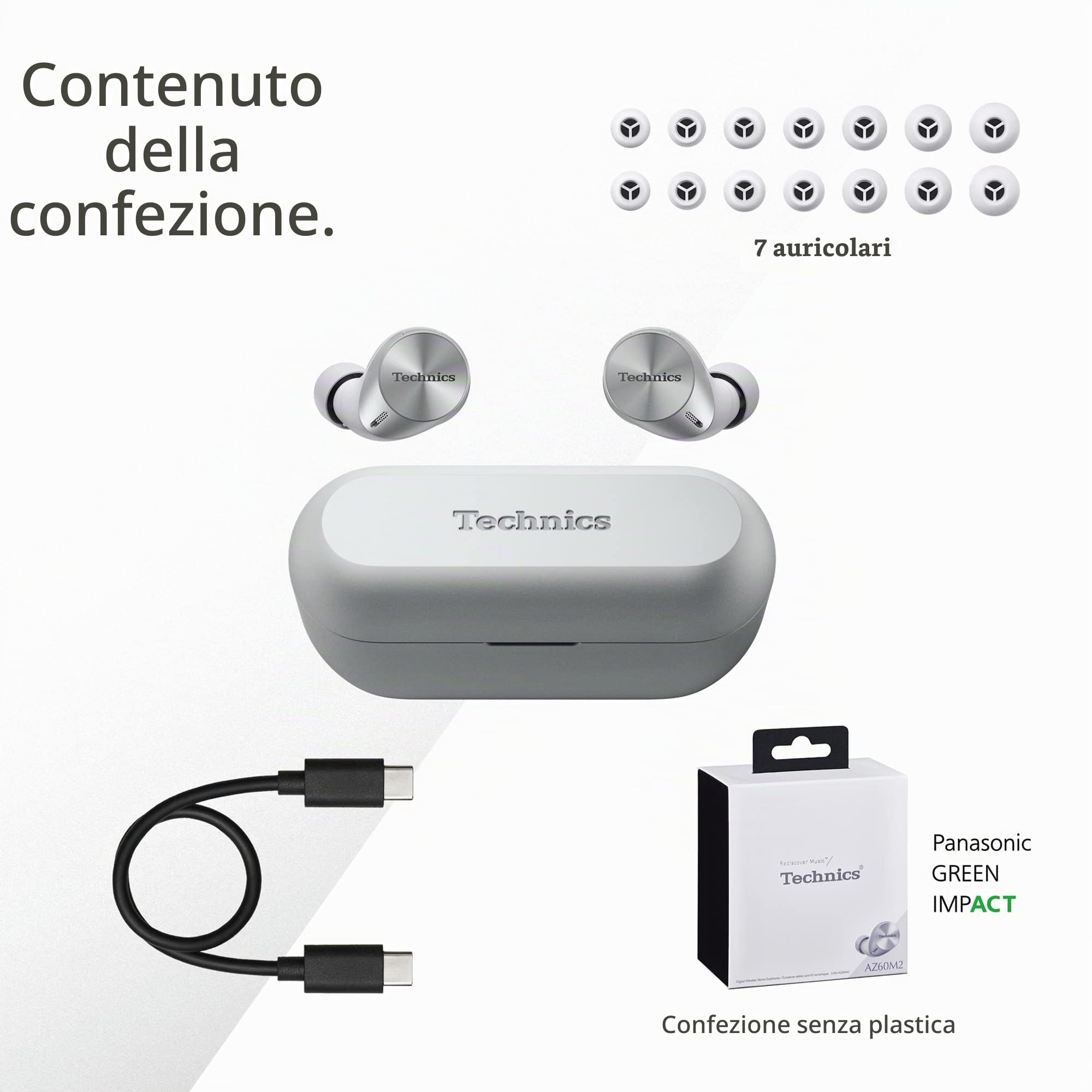 Technics EAH-AZ60M2ES Auricolari Wireless con Noise Cancelling, Bluetooth Multipoint 3 Dispositivi, Auricolari In-Ear, Cuffie con Microfono Integrato, Adattabili, Argento