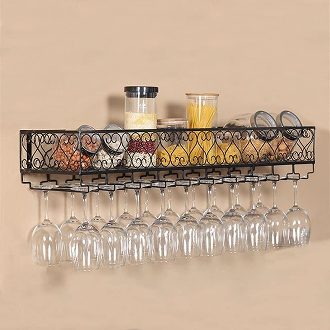 Wall Mounted Wine Rack, Metal Ceiling Glass Bottles Holder, Rustic Display Storage Racks with Stemware Shelf for Under Cabinet, Kitchen, Bar Decorate Stand (Size : 50x25x16cm)