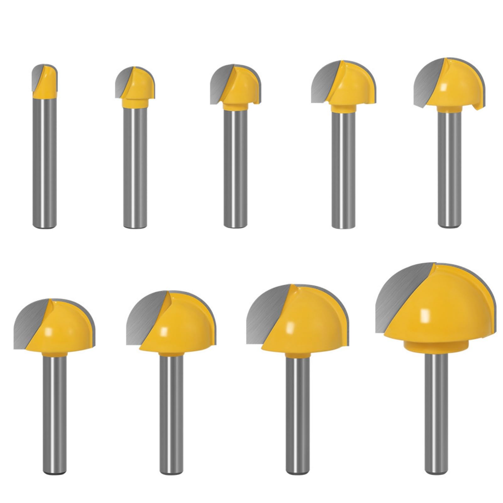 Kaeltsyn Yellow 9Pcs Sturdy Carbides Ball Nose Routers Bit For Wood Carving And Edges Profiling In Various Size 6.35~30Mm Diameter Routers Bit For Drawer Pull Slots