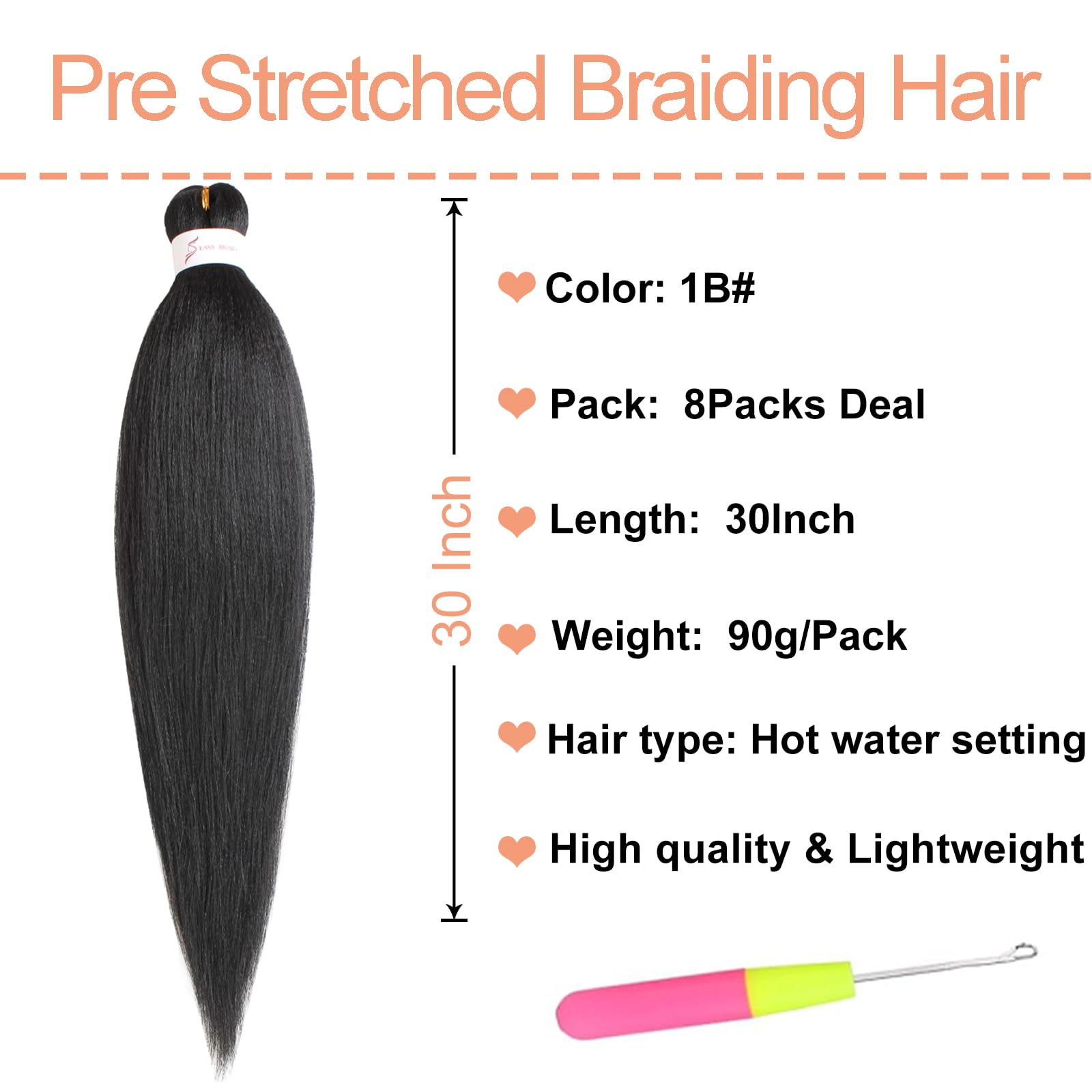 Mscat 30 Inch 8 Packs Pre Stretched Braiding Hair Black Pre Stretched Braiding Professional Synthetic Prestretched Crochet Braids Hair Extension Hot Water Setting Yaki Texture (1B#) - Image 2