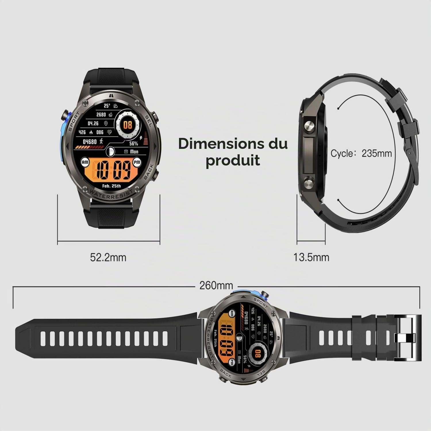 AIEK GPS Montre Connectée Homme, 5ATM Étanche, 1,43" AMOLED Écran Smartwatch, Appel Bluetooth, 500mAh, Boussole Baromètre Altimètre, 170+ Mode Sport Fitness Tracker pour Android iOS (Argent)