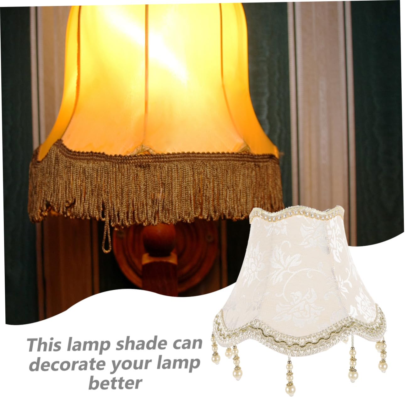 Beavorty Dekorativer Stoff Lampenschirm mit Perlen Quasten 25cm Durchmesser für Tischlampe Leichter Ersatzschirm in Beige