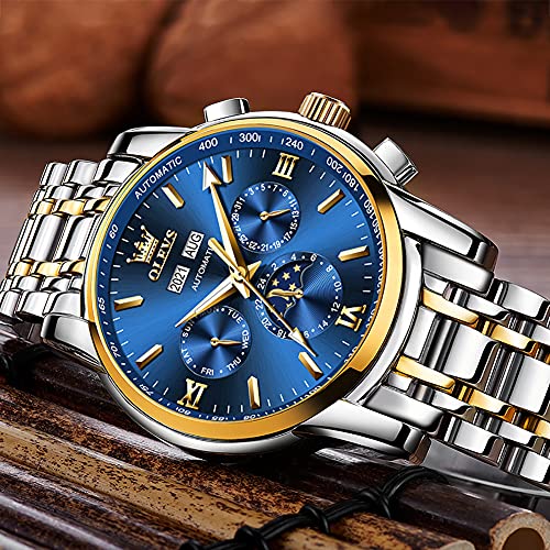 Image of OLEVS Automatic Men Watch Self Winding Mechanical Luxury Dress Moon Phase Stainless Steel Waterproof Luminous Calendar Wrist Watch