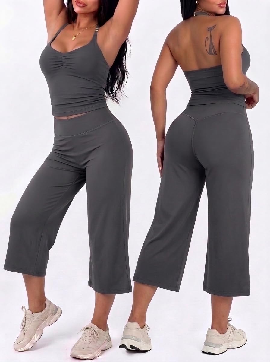 Women's 2Pc Set,Halter Ruched Cami Tank&High Waist Wide Leg Capri Pants