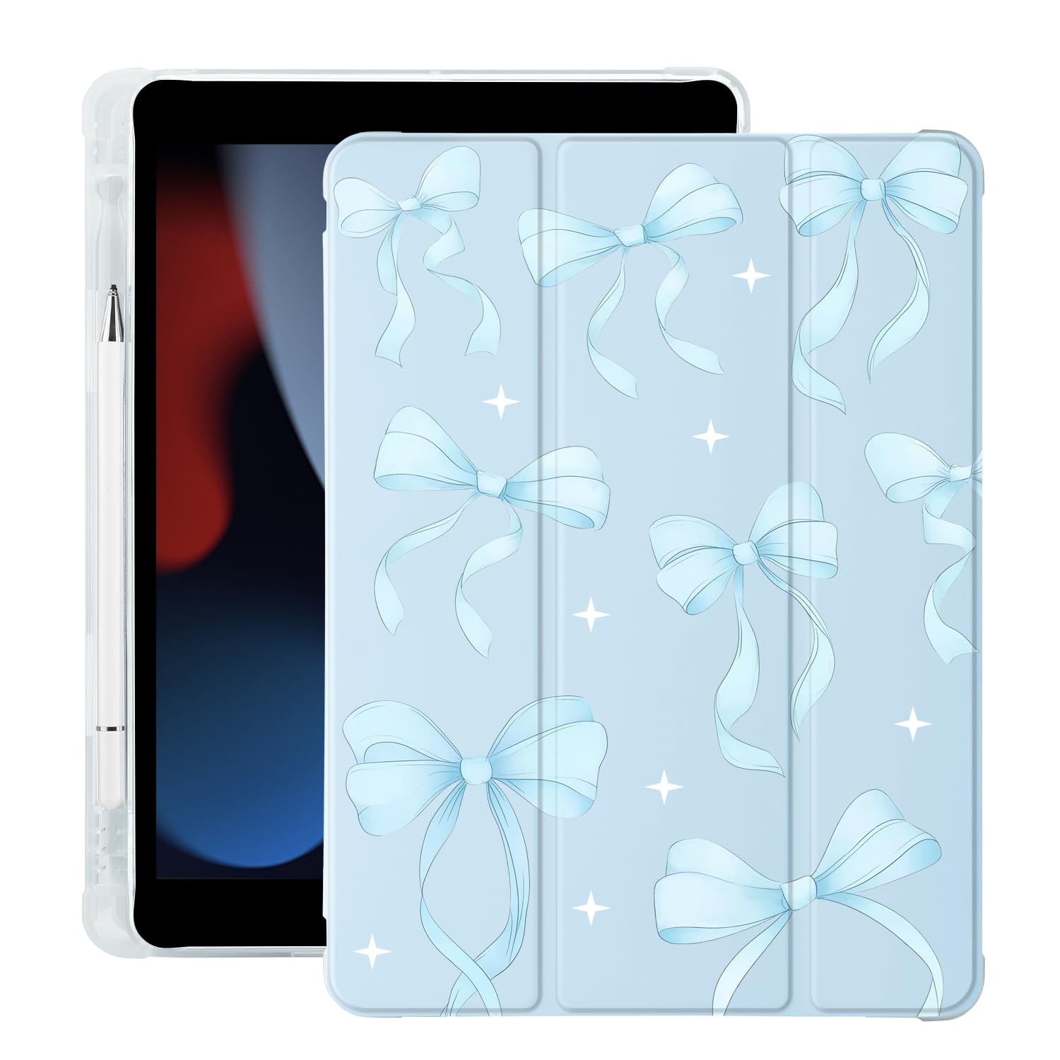 Urocza niebieska wstążka kokarda do iPada Air 33.0 cm etui M3 2025/M2 2024 z uchwytem na ołówki, automatyczne uśpienia/budzenie, niebieska skóra miękka tylna obudowa TPU