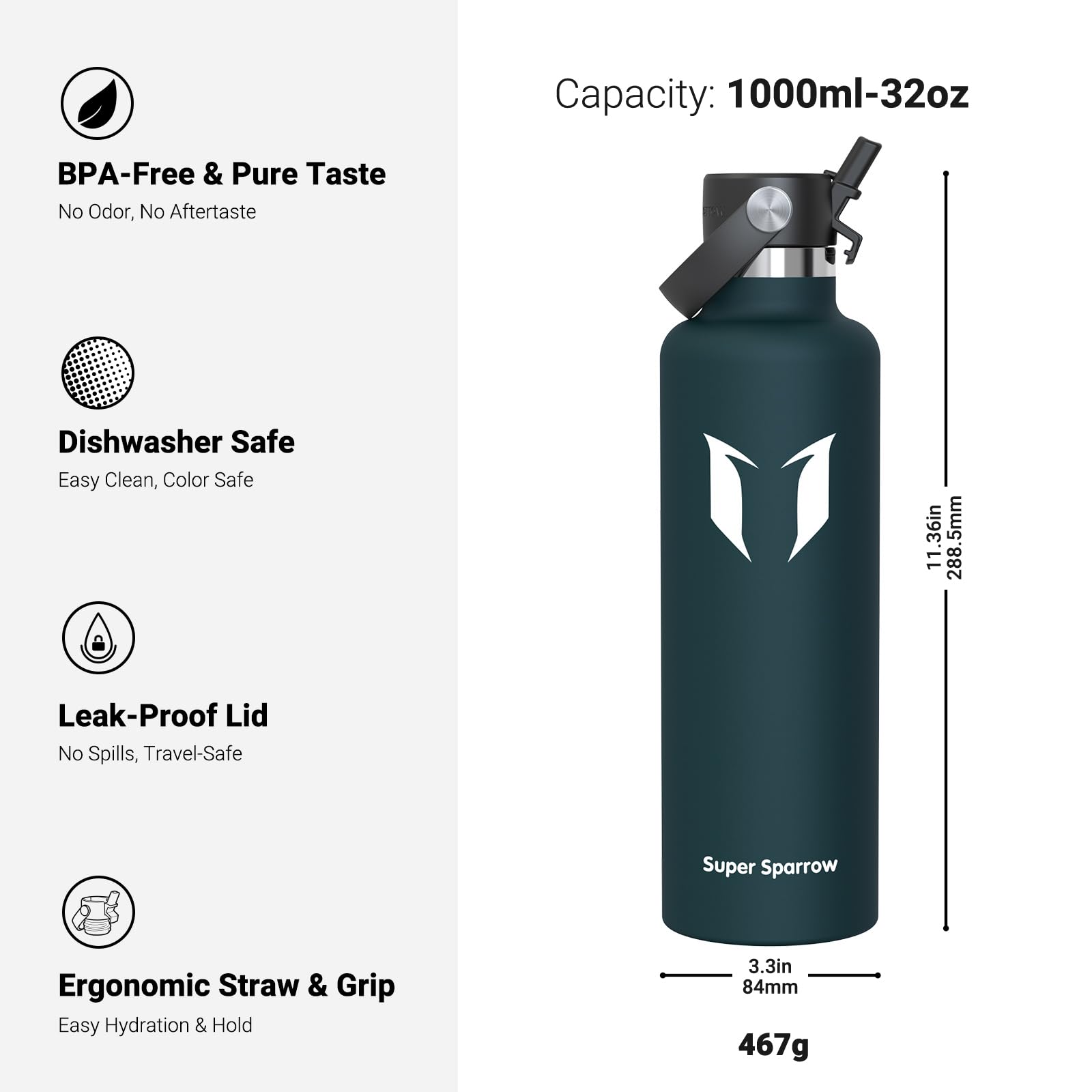 Super Sparrow Borraccia Termica, Acciaio Inox Bottiglia Termica - 350ml, 500ml, 750ml, 1L - Senza BPA Borracce, Borraccia Bambini per Scuola, Sport, Campeggio, Yoga, Palestra, Ciclismo