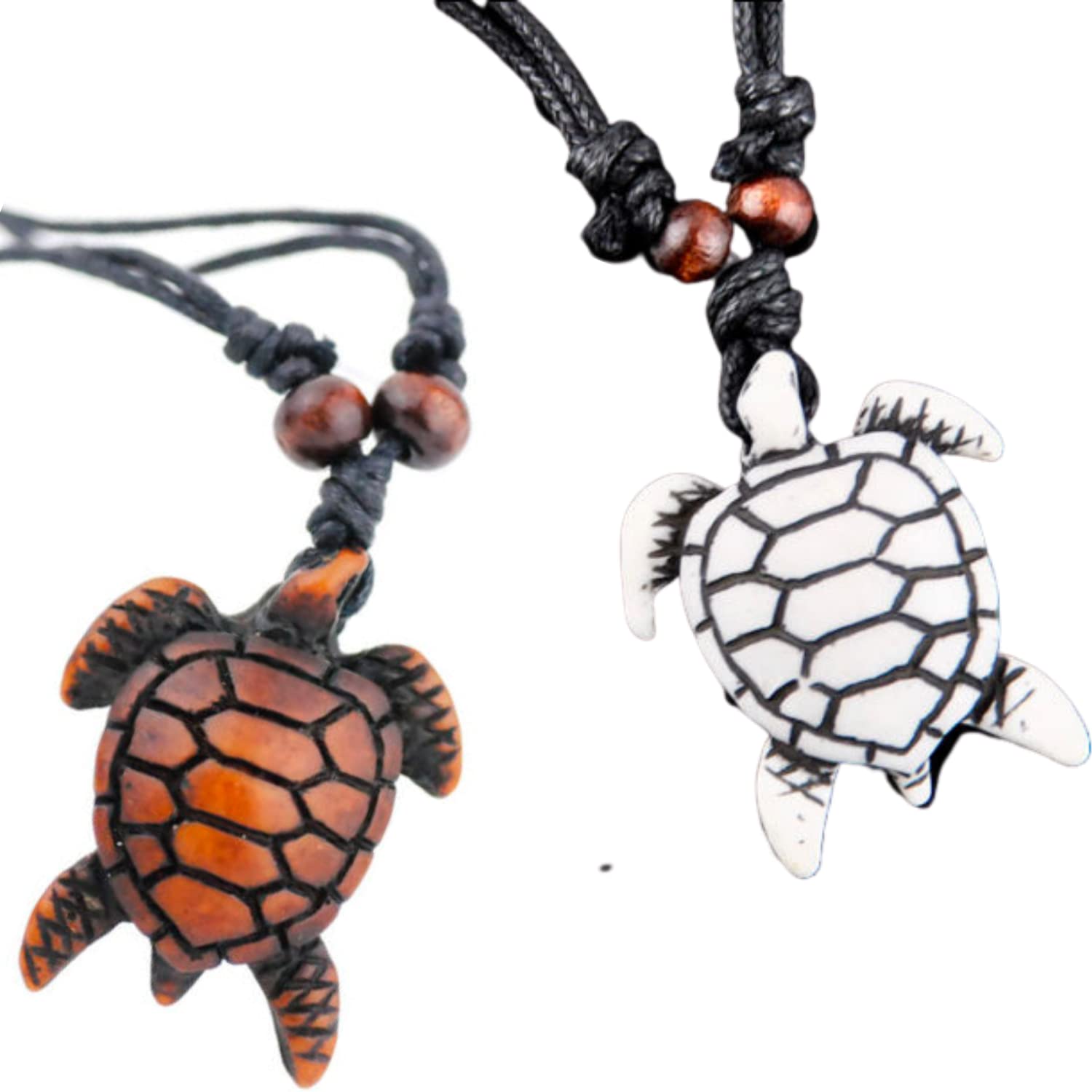 Sea Turtle Necklaces - Hawaiian Surfing Chokers (2 Pc) Cool Cosplay Fashion Toys - White and Brown Bone Pendant - Beaded Rope Chain - Adjustable Necklace, Bone, No Gemstone