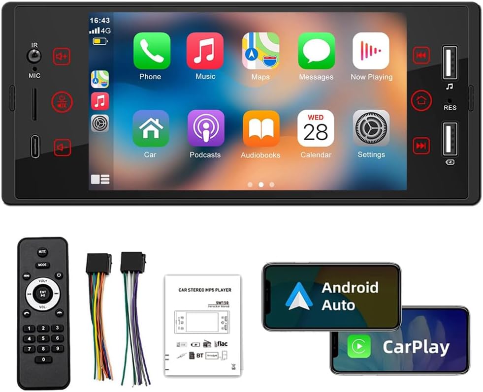 Single Din Car Stereo with Wireless Carplay Android Auto, 5 Inch Touchscreen Car Radio with Mirror Link Bluetooth Handsfree FM Raido USB Type C Charging TF EQ SWC