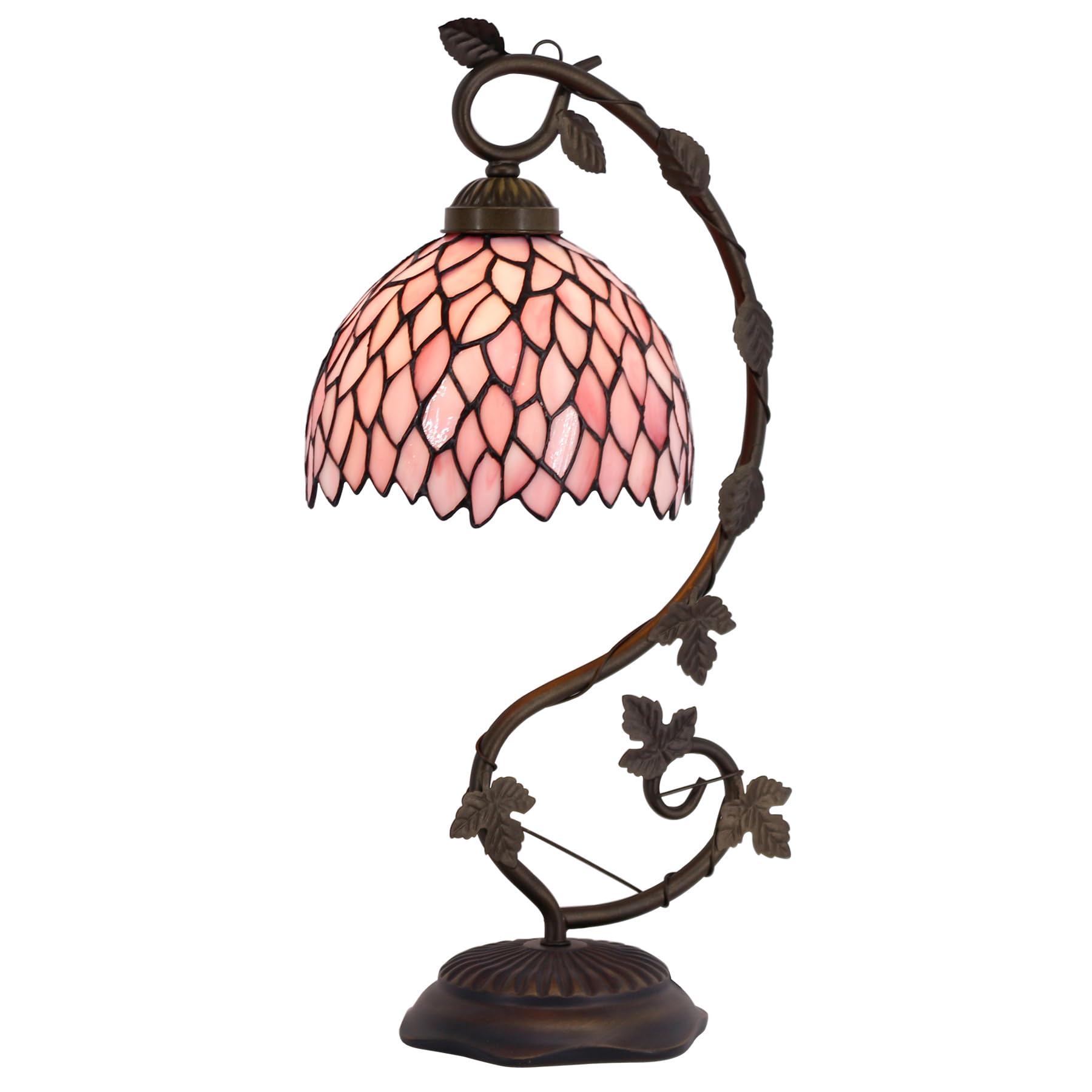 Tiffany Lamp Pink Wisteria Style Stained Glass Table Desk Reading Light, Metal Leaf Base 8X10X21 Inches Decor Small Space Bedroom Home Office S523P Series