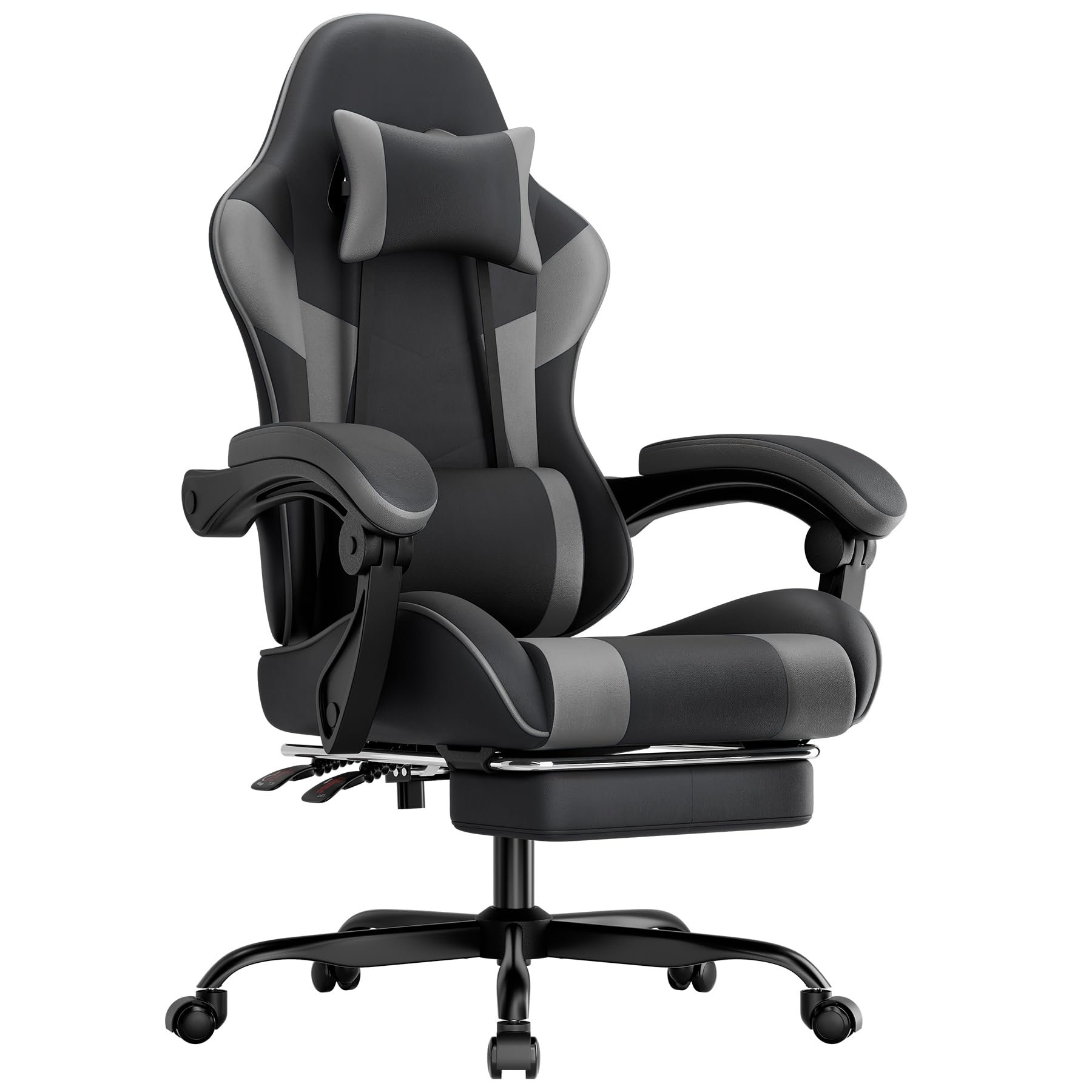 Silla para videojuegos, ergonómica con reposapiés, silla de juegos, reposabrazos ajustables, silla de oficina ergonómica con soporte lumbar, color negro y gris (gris)