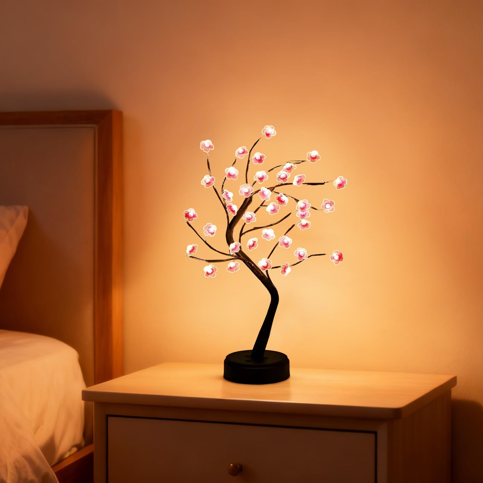 Leuchtender Kirschblütenbaum 19 in / 48 cm, Schwarze Zweige Deko, LED-Lampe mit Fernbedienung, USB- und Batteriebetrieb, für Tisch und Innenraum, Sockel 4,7 in / 12 cm Durchmesser
