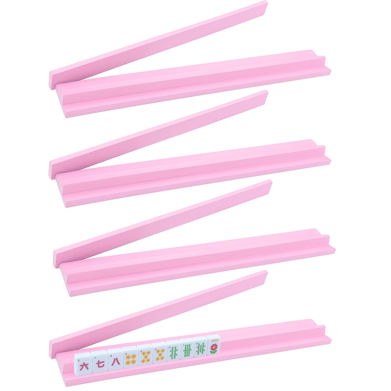 Leinuosen Wooden Mahjong Racks with Pushers 4 Set Magnet American Mahjong Tile Rack and Magnetically Attached Pushers Painted Tile Holders for Players Gift Family Game Night(Straight,Pink)