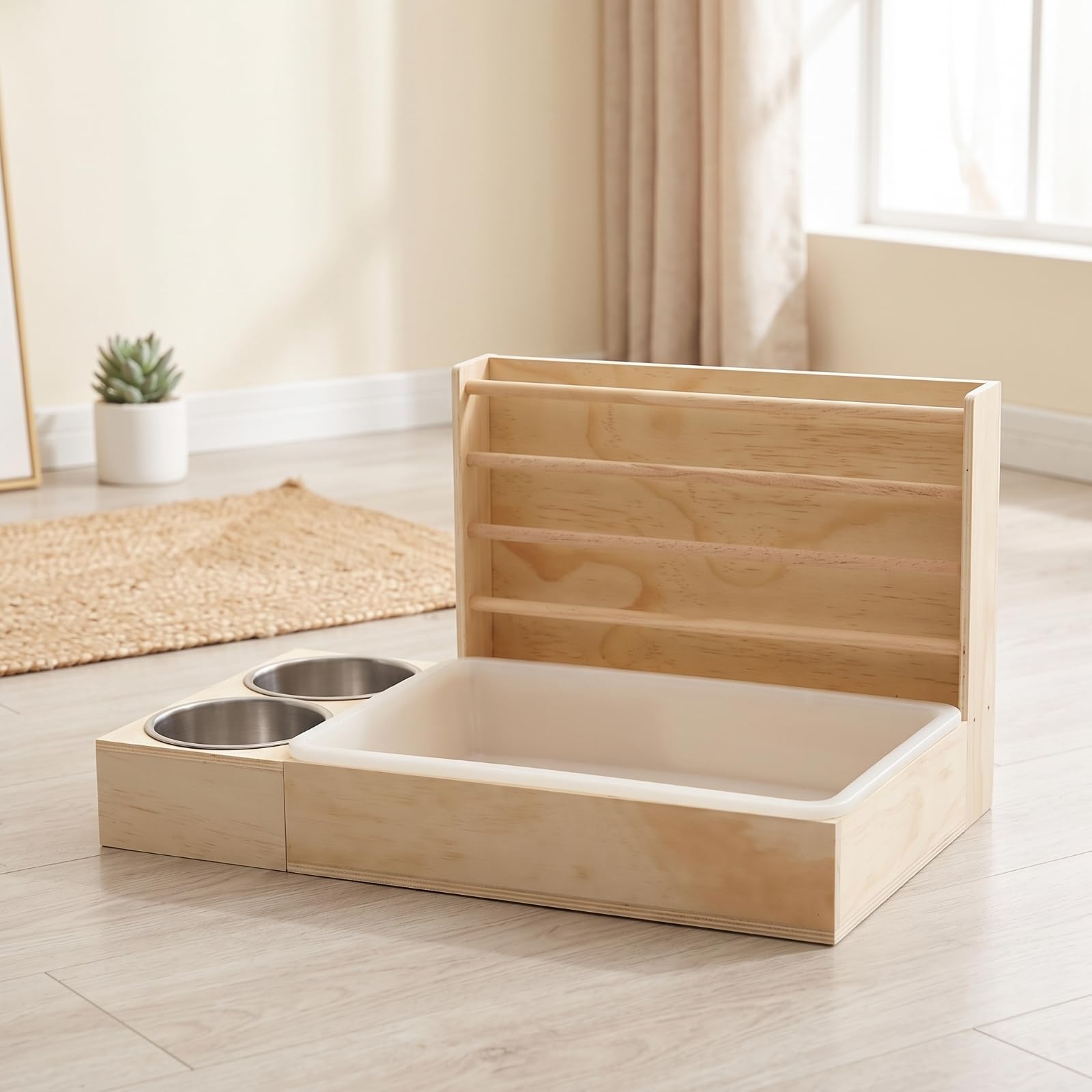 Mangeoire en Bois avec Gamelles Robuste Râtelier à Foin avec Écuelle Amovible Distributeur pour Cochons D'In, Intérieur