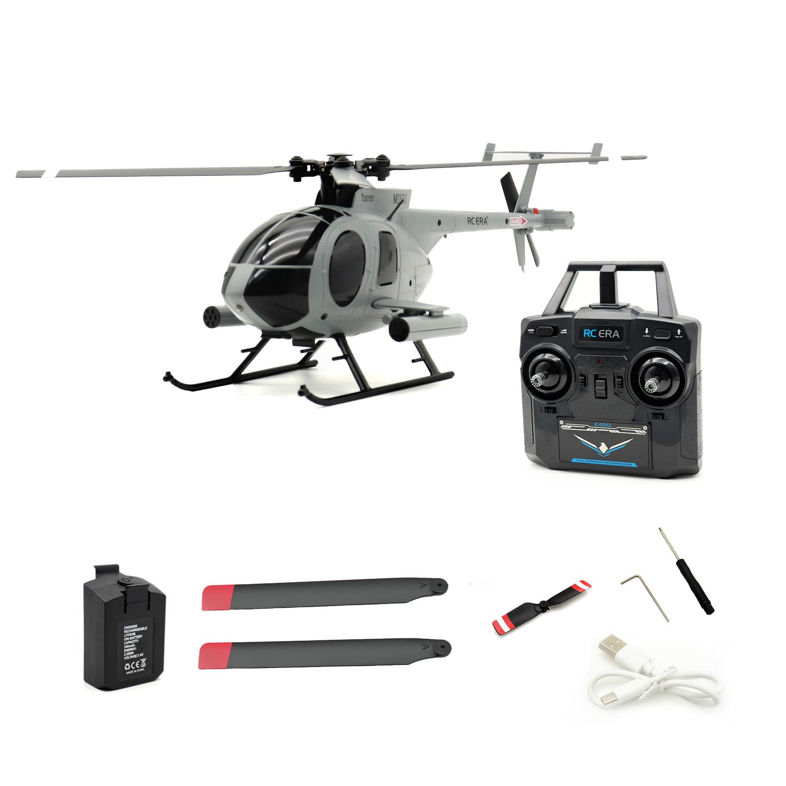 NULA RC-ERA C184 MD500 4CH RC Helicopter, 6-Axis Gyro Stabilized Flybarless Optical Flow Remote Control Helicopter RC Aircraft Outdoor For Adults & Beginners -Grey /1 Battery — image 1