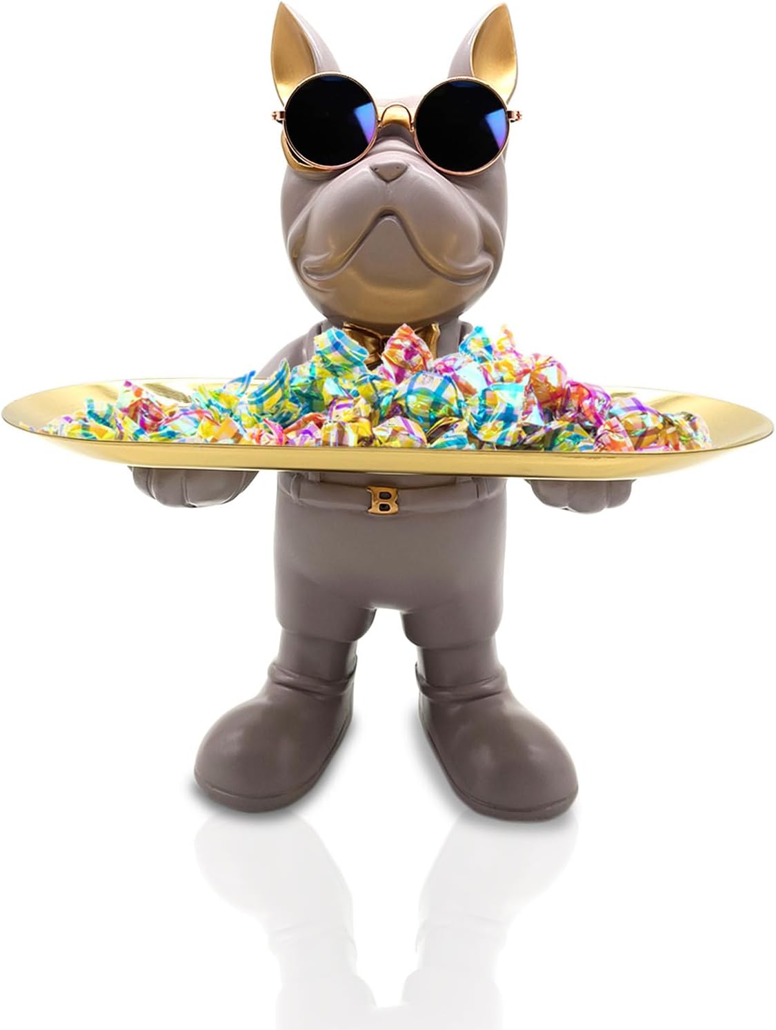 Huhote Bulldog Tray Statue, Standing Bulldog Candy Dish Key Holder Bowl, Resin Statue for Office Desk Home Decor Figurine Entryway Table Decor (Purple Grey)
