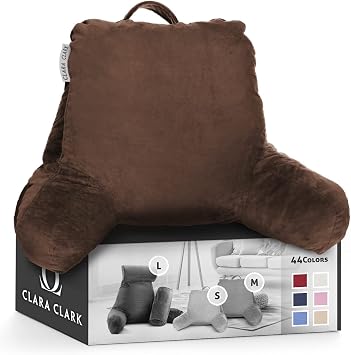 Clara Clark Reading Pillow, Back Rest Pillow for Sitting in Bed with Arms for Kids & Adults - Premium Shredded Memory Foam TV Sit Up Pillow - Medium, Brown