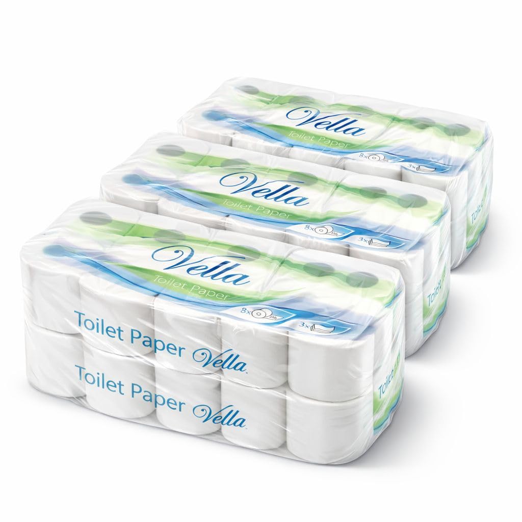 Vella Toilettenpapier 3-lagig – 72 Rollen, 250 Blatt je Rolle, extra weich & reißfest, 100% Zellstoff, Weiß | 3-lagig & weich