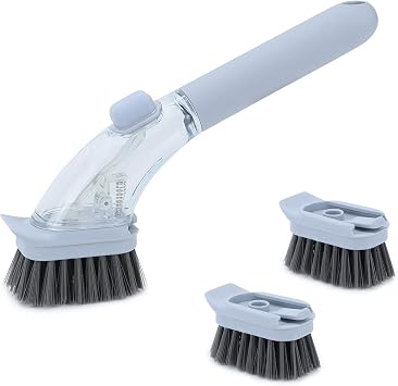 DAPOWER Soap Dispensing Dish Brush with Handle, Kitchen Scrub Brush for Dishes Pots Pans Sink Cleaning Grayish Blue