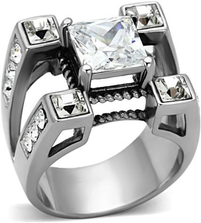 Doublebeez Jewelry Men's Stainless Steel Clear Square Large Cubic Zirconia Split Band Ring, Size 12