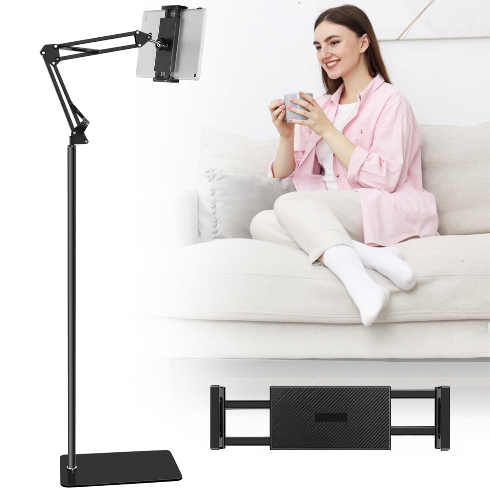 Tablet Floor Stand, Adjustable Metal Phone Stand, 360° Rotatable Tablet Holder for iPad/iPad Pro/iPhone or 4.5-12.9 Inches Devices, Kindle Holder for Reading in Bed & Sofa (Black)