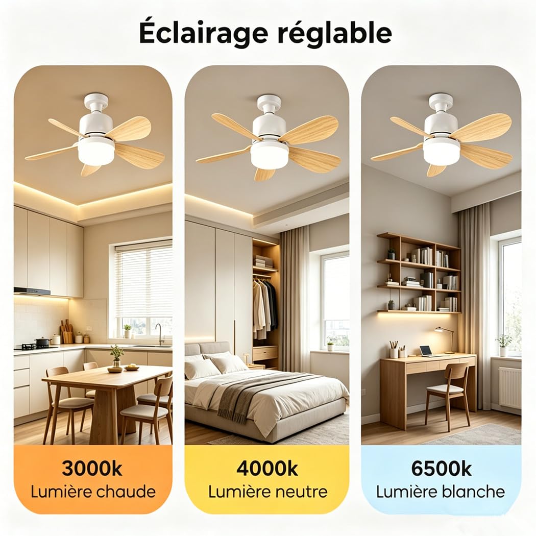 lot de 3 Ventilateur de Plafond avec Lumière et Telecommande, E27/E26 40W Lampe de Ventilateur LED Dimmable Plafonnier Timing, Silencieux, 5 Pales, 3 Vitesses pour Chambre Salon, Bureau