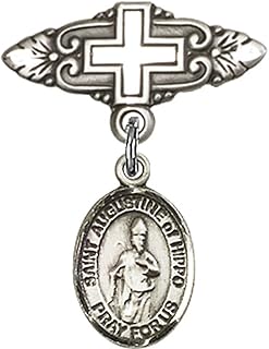 Sterling Silver Baby Badge with St. Augustine of Hippo Charm and Badge Pin with Cross 1 X 3/4 inches