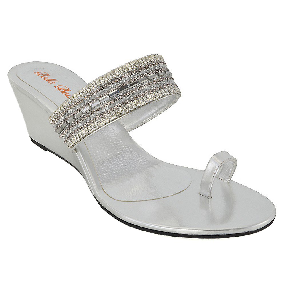 Ladies Wedge Heel Toe Post Diamante Silver Black Womens Party Sandals Shoes Size