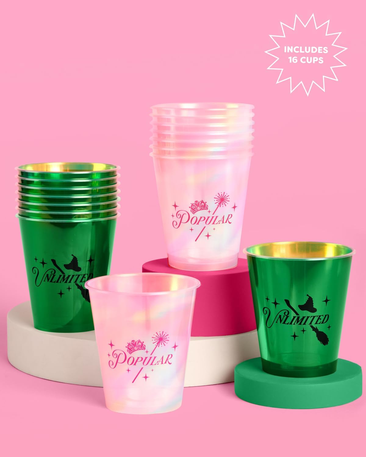xo, Fetti Pink + Green Witch Plastic Cups | 16 pcs 12 oz | Iridescent Wizard Drinkware, Unlimited Magic Decorations, Popular Bachelorette Party Drinks, Kids Birthday Supplies - Image 2