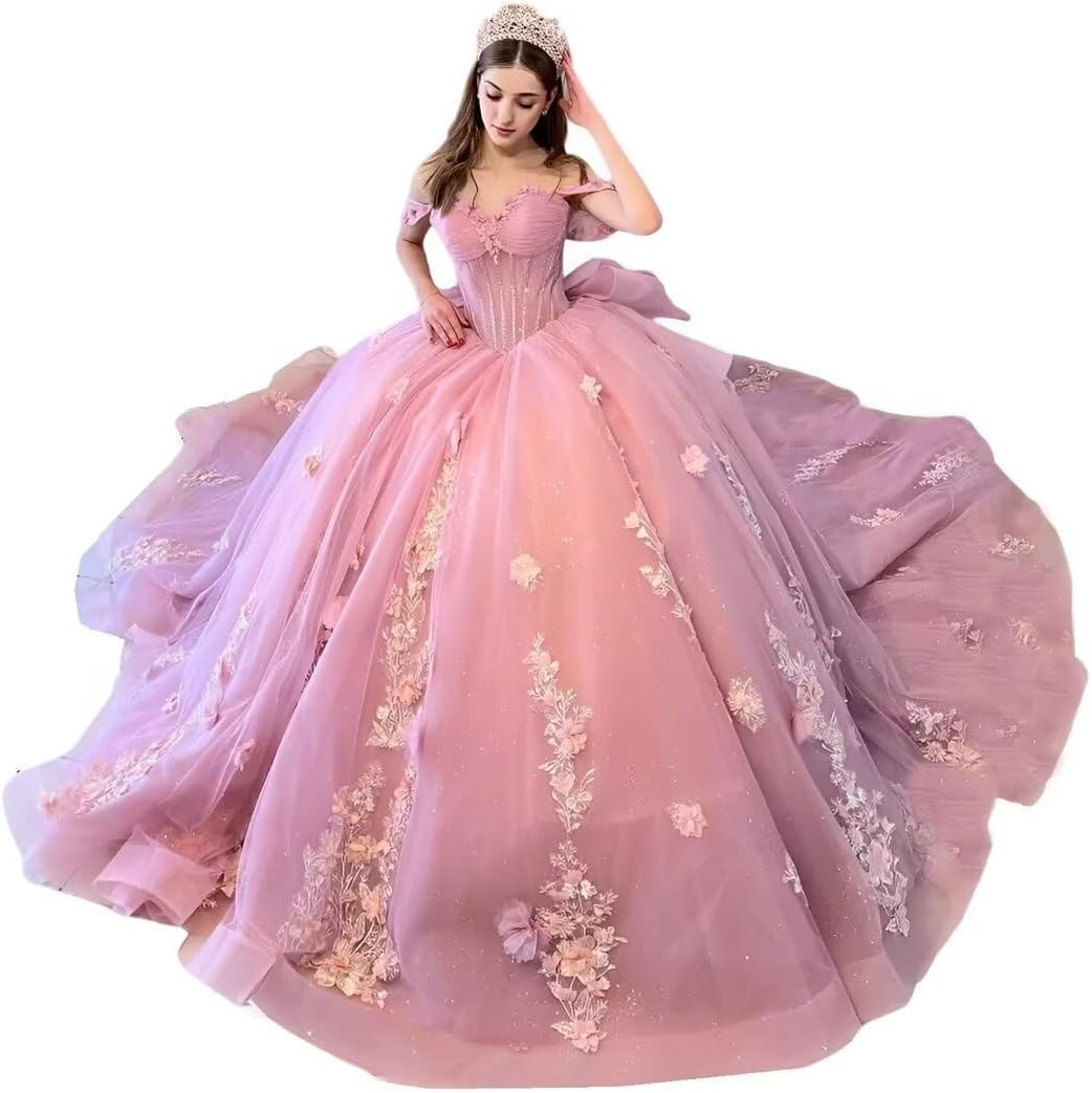 Yifanier Sweetheart Ball Gown Tulle Lace Dress 3D Flower Quinceanera Dress Off Shoulder 15 16 Quinceanera Dress MT011 Pink