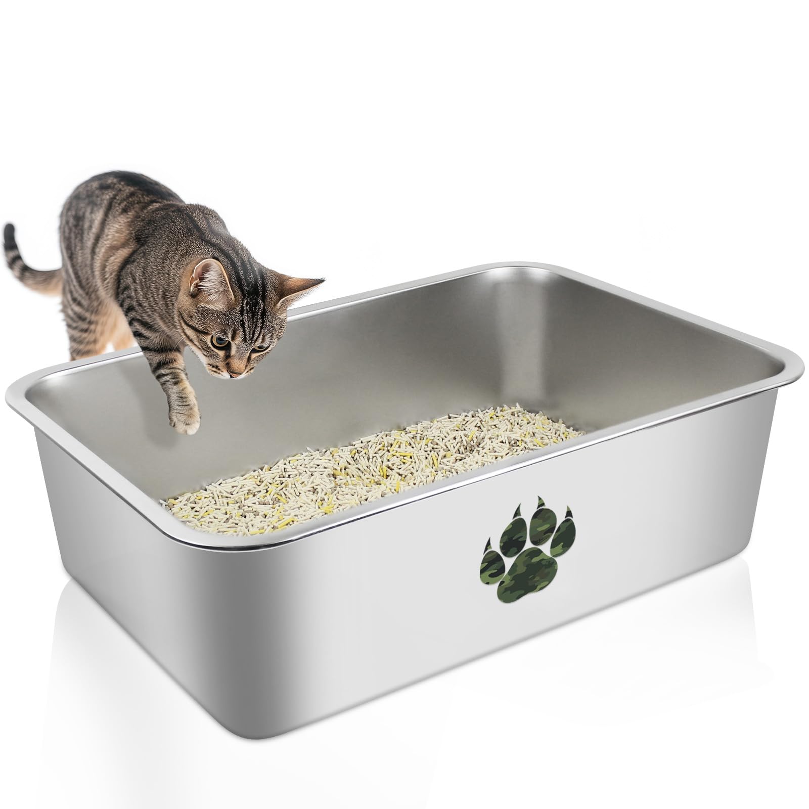 PTLOM Lettiera per gatti in acciaio inossidabile, grande lettiera per gatti in metallo, antispruzzo, inodore e antiaderente, adatta per gatti grandi e piccoli, conigli, mimetica Paw，60x40x15cm