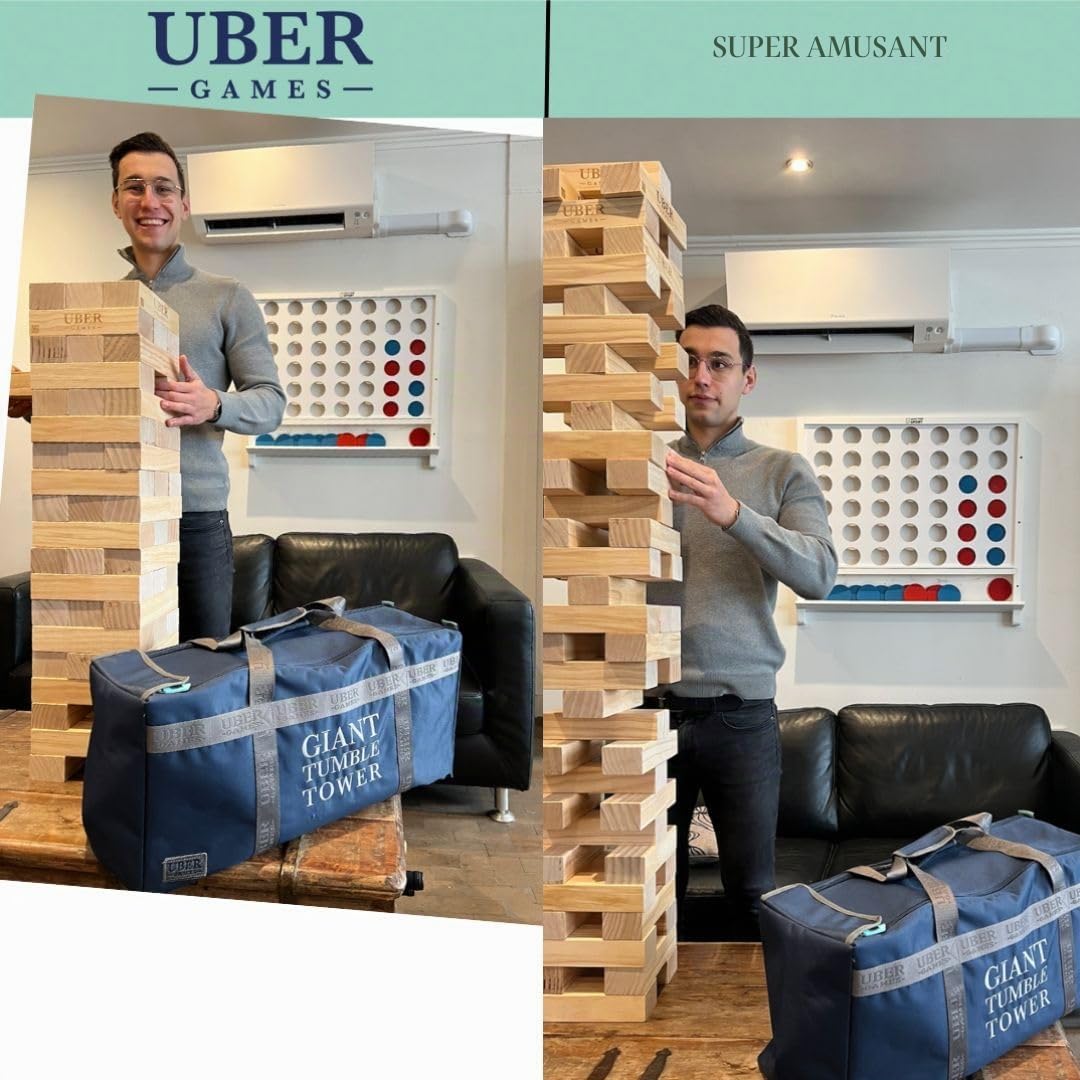 Ubergames Tour mobile géante jusqu'à 160 cm + XXL Jumbo Hi-Tower dans sac – 1,6 m (max dans le jeu. Jeu de tour en bois de pin massif – blocs de luxe supplémentaires et sac (jusqu'à 160 + cm)