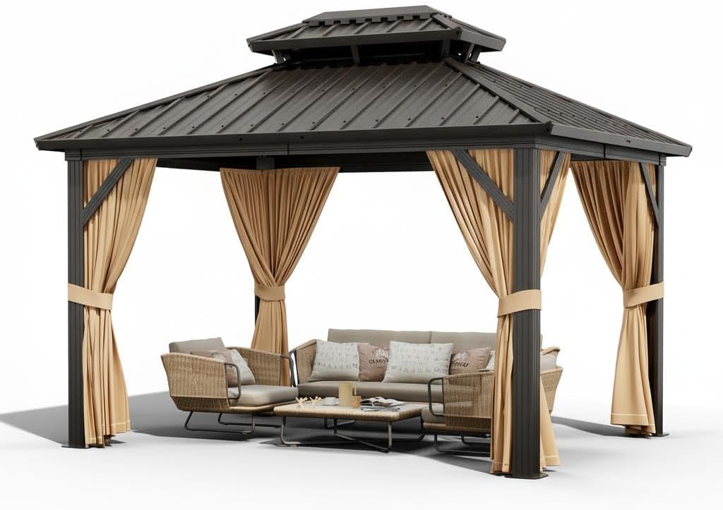 Permanent Hardtop Gazebo - Heavy Duty Galvanized Steel Pavilion - Double Roof, Waterproof Metal Top, Netting & Curtains - for Outdoor Patio, Deck, Backyard - Black/Coffee (New Packaging),