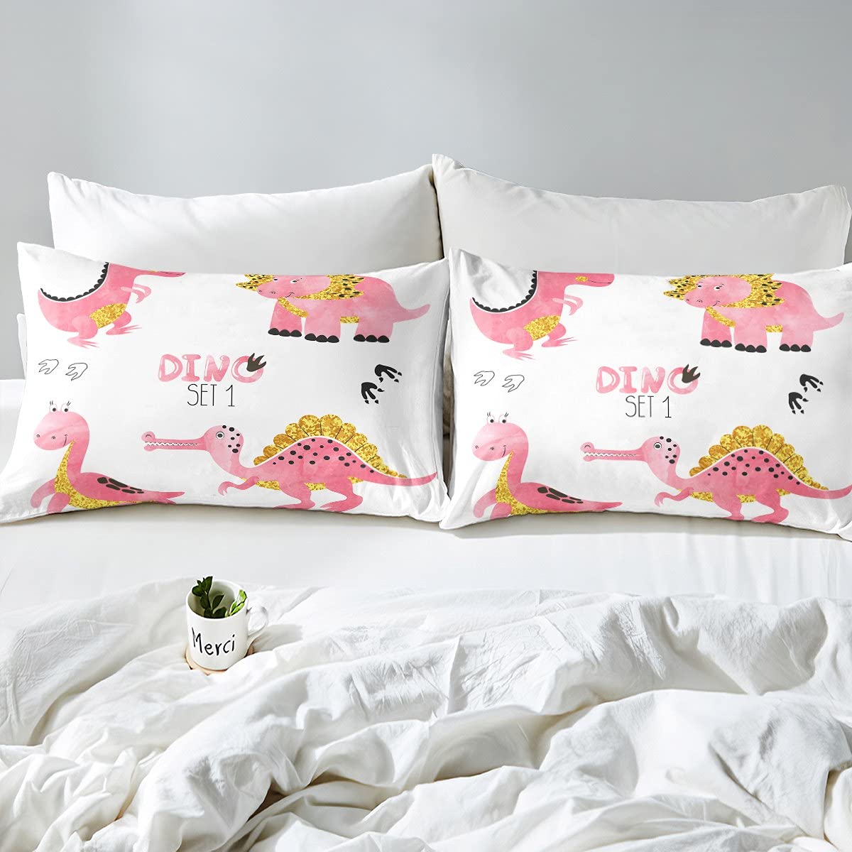 Juego de sábanas para niñas con Estampado de Dinosaurios para niños, Juego de sábanas con 2 Fundas de Almohada