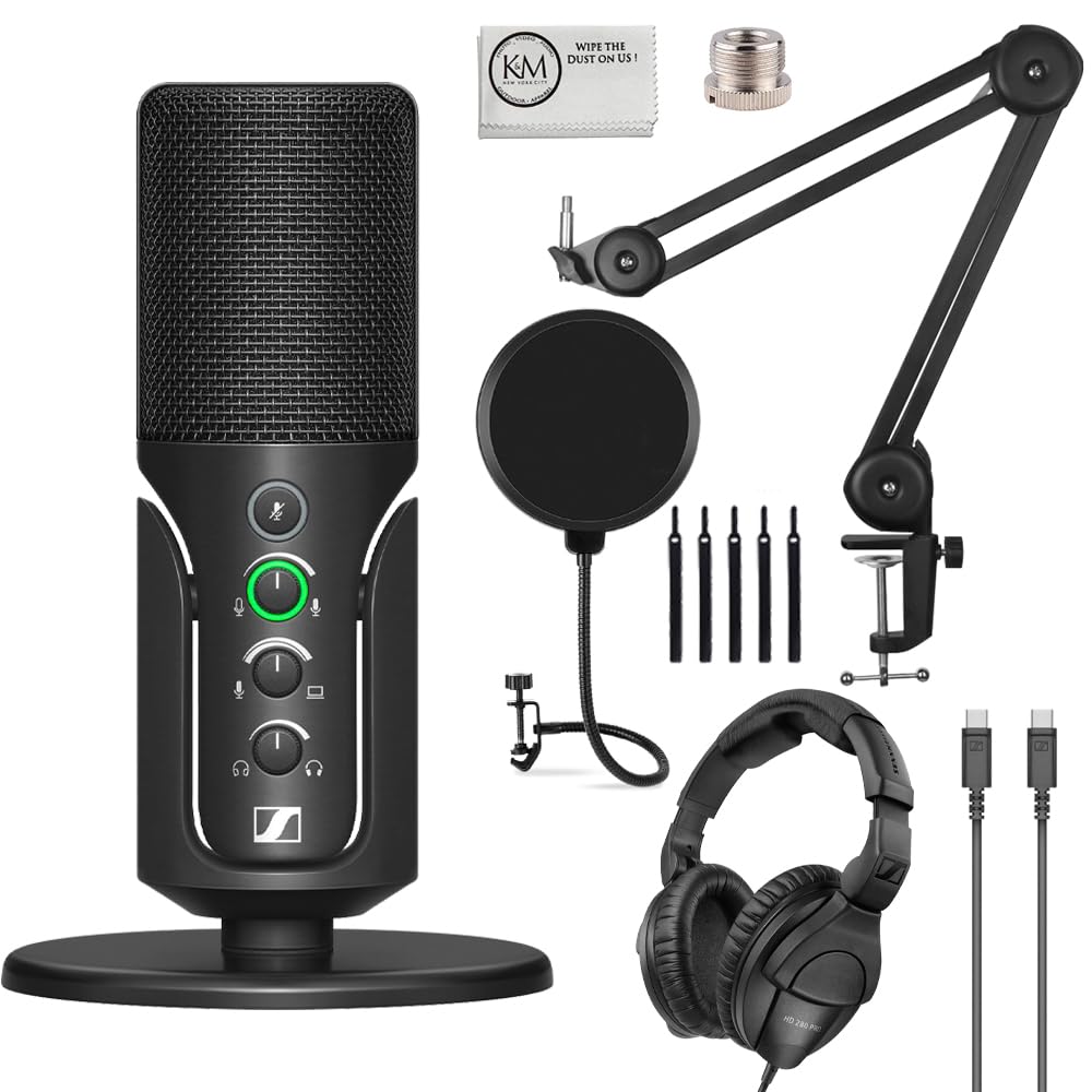 Sennheiser Profile USB Condenser Microphone with Desktop Stand Bundled with Closed-Back Headphones + Microphone Boom Arm + Wind Screen Pop Filter + Microfiber Cleaning Cloth (5 Items)