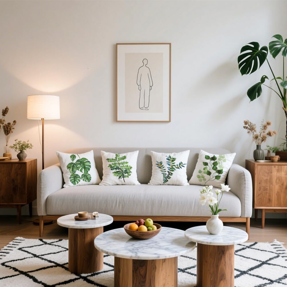 Kissenbezug 45x45 4er Set Outdoor Kissen Leinen, Boho Deko für Deko Wohnzimmer, Garten, Balkon