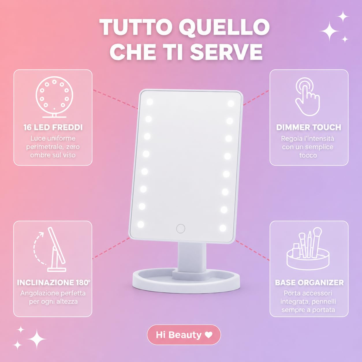 Specchio Trucco LED Rettangolare Inclinabile 180° – Luce Fredda Dimmerabile Touch, Specchio da Tavolo con Base Porta Accessori – 26,5 x 17 x 12 cm – Bianco