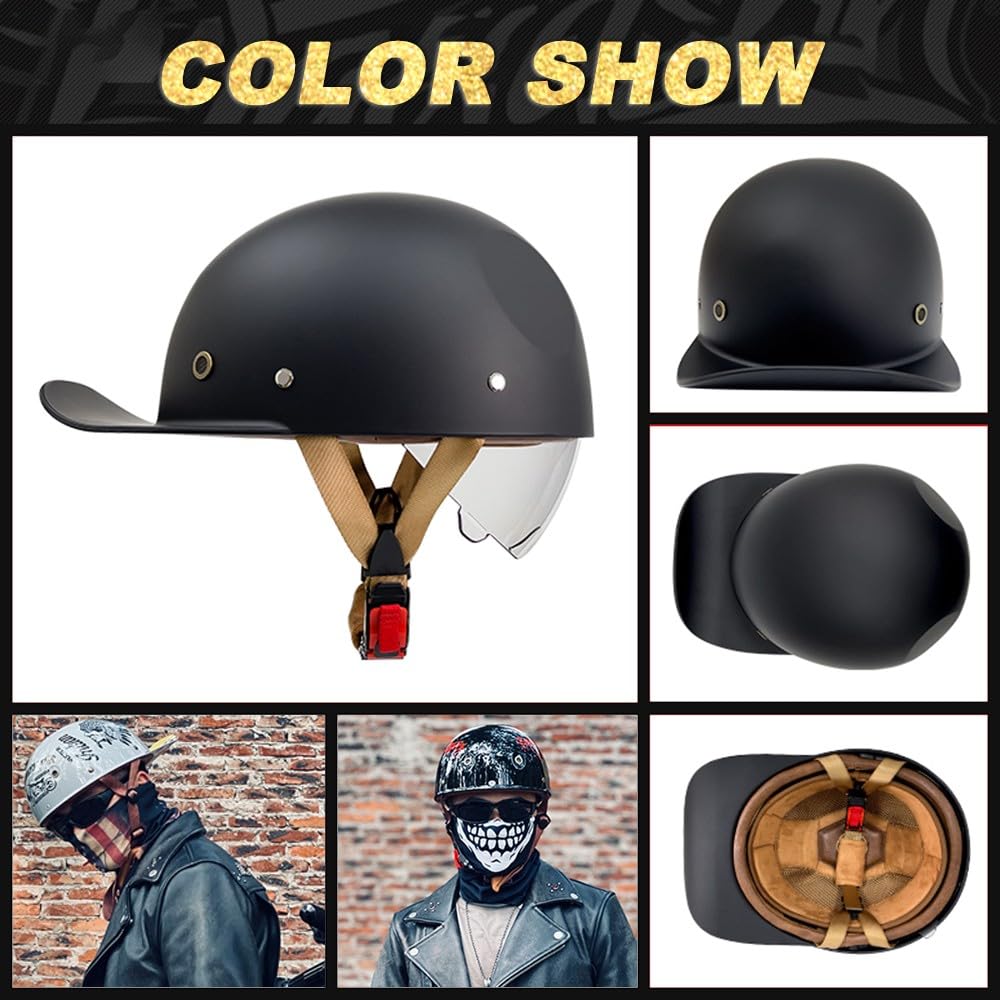 Vintage Motorrad halbhelm Baseball Cap mit ECE-Zulassung, Jet Helm Retro Halbschalenhelm mit Versenkbare Sonnenblende und Schnellverschluss Schnallen für Scooter Cruiser Motorrad