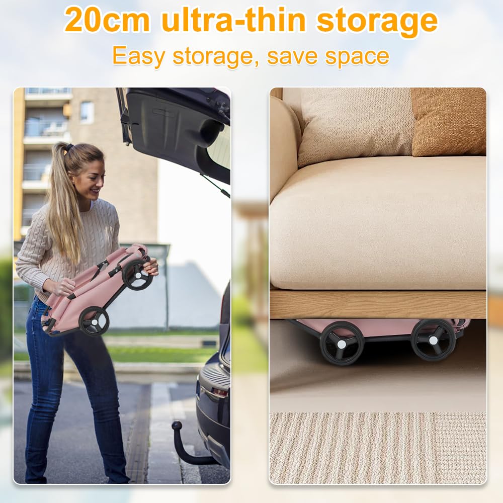 Carro de transporte para perros y gatos con asa retráctil, cochecito de viaje plegable de 4 ruedas con bolsa transportadora lavable para animales pequeños, hasta 4 kg (rosa)
