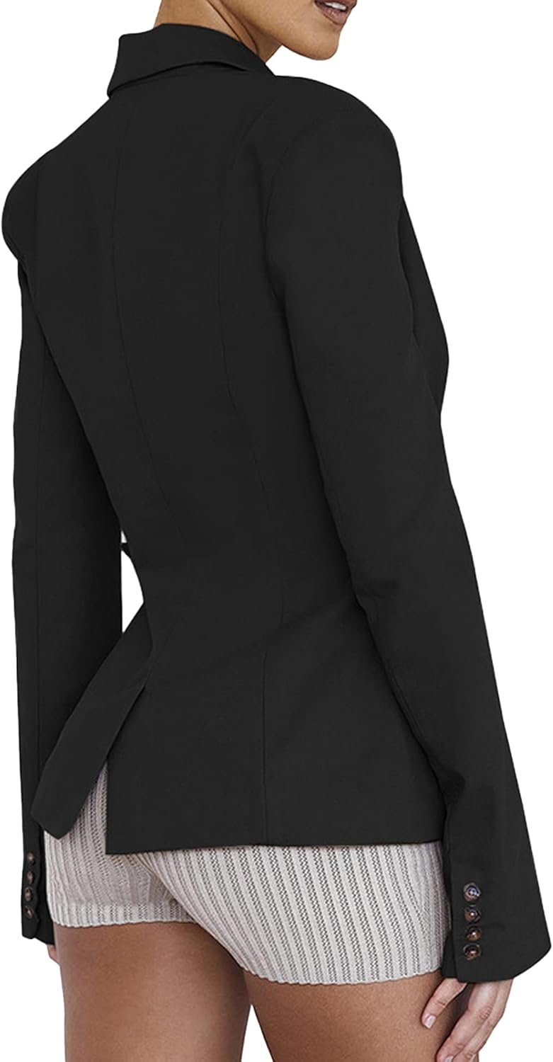 xxxiticat Women's Buckle Belt Blazer Coat Long Sleeve Lapel Collar Low Cut Padded Shoulder Front Open Cardigan Jacket - Image 2