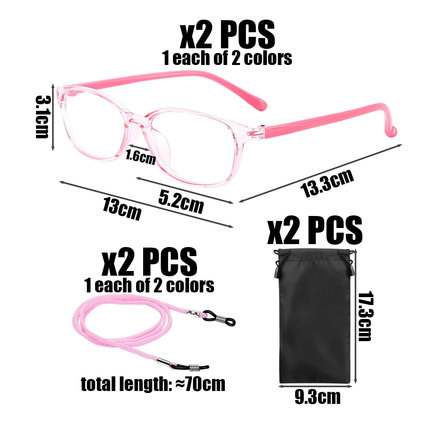 2 Paar Anti-Blau-Brillen Für Kinder, Einschließlich Anti-Fall-Brillen-Lanyard, 2 Aufbewahrungsbeutel Für Schwarze Brillen, Strahlenschutz, Linderung Der Ermüdung Der Brille.