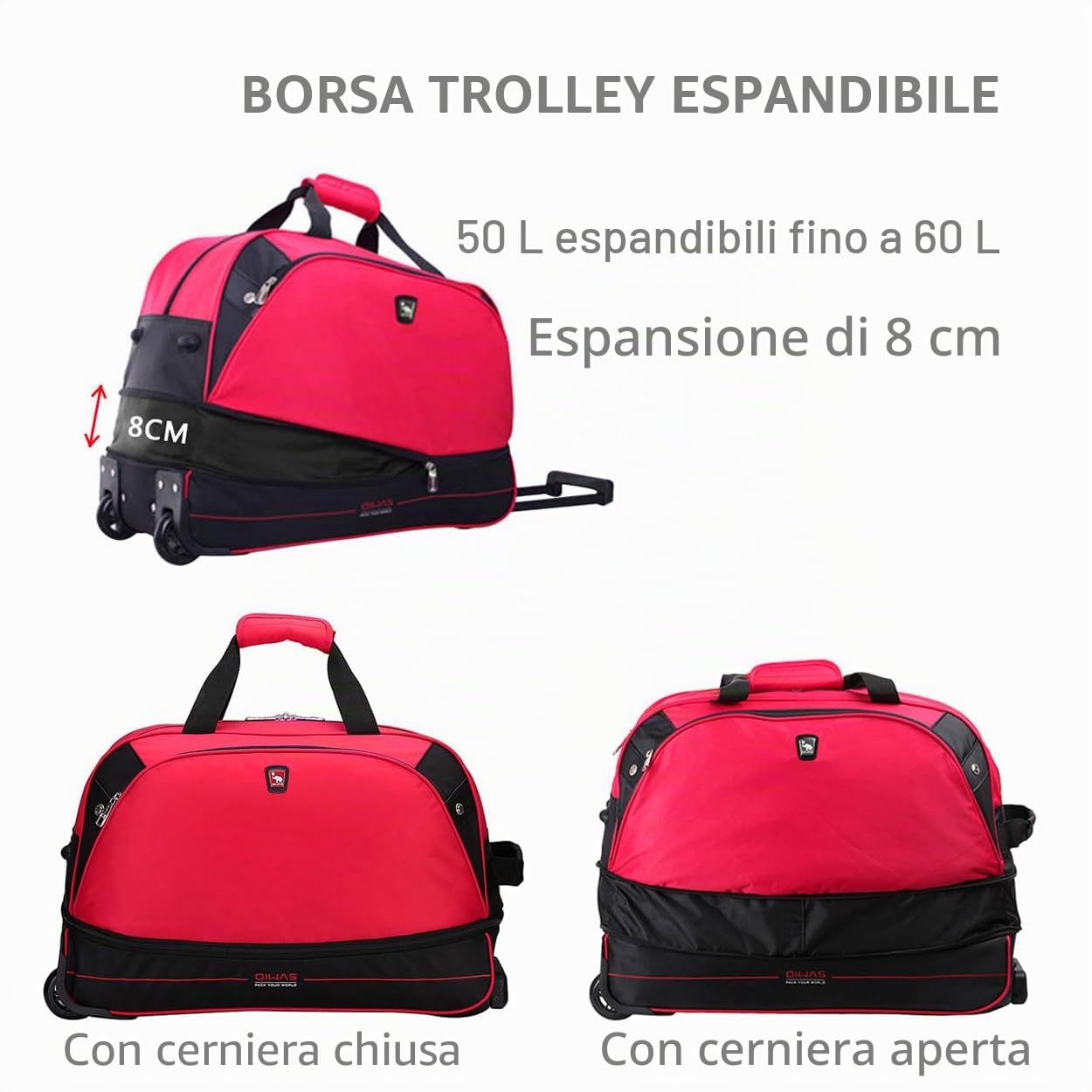 OIWAS Borsone da Viaggio con Ruote Trolley Borsa 50 cm Rosso