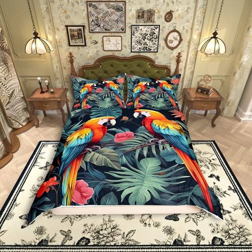 Manfei Tropical Birds Queen Duvet Cover Set with 2 Pillows