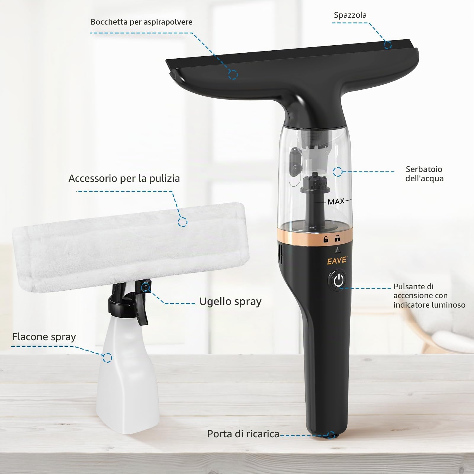 Aspiratore, Aspirapolvere per finestre, Lavavetri elettrico Aspiragocce a batteria ricaricabile, kit di pulizia elettrico per finestre con serbatoio d'acqua da 60 ml con flacone spray