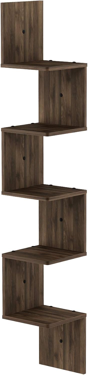 Furinno Rossi 5-Tier Wall Mount Floating Corner Square Shelf, Columbia Walnut